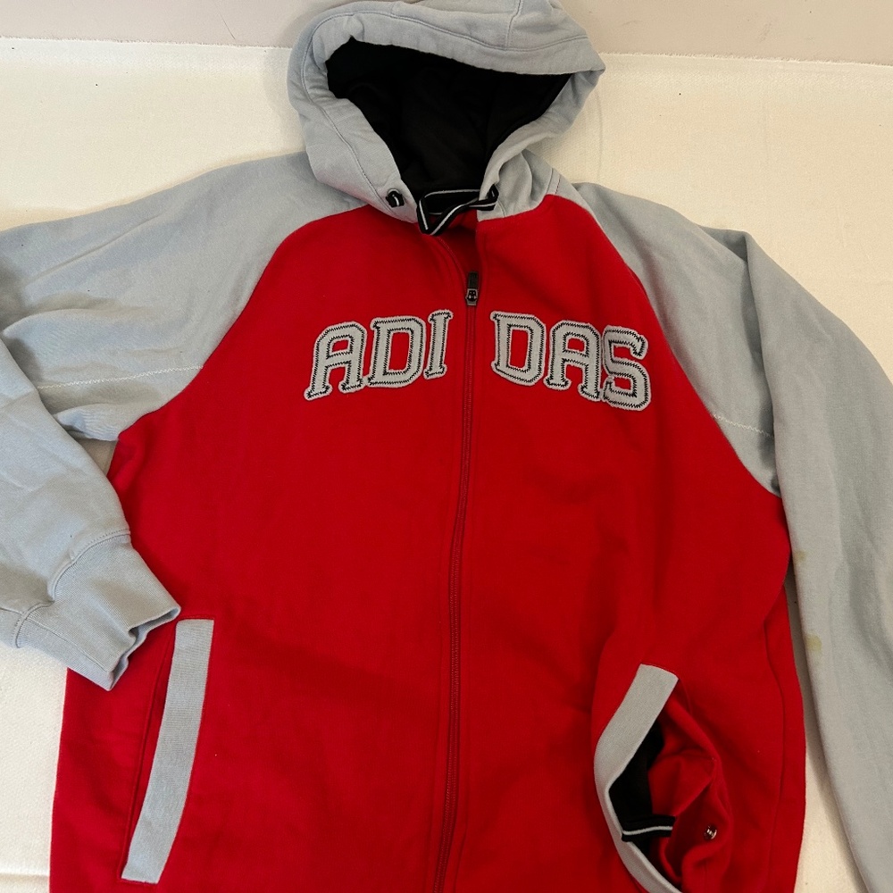 Adidas Sz M Gray Red 70% Cotton 30% Polyester Blend Full Zipper Logo Hoodie